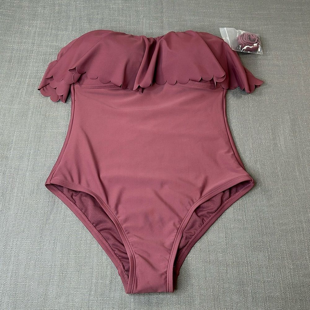 Kona Sol Swimsuit Wm Small (4-6) Dusty Mullberry One Piece Strapless Ruffle NEW